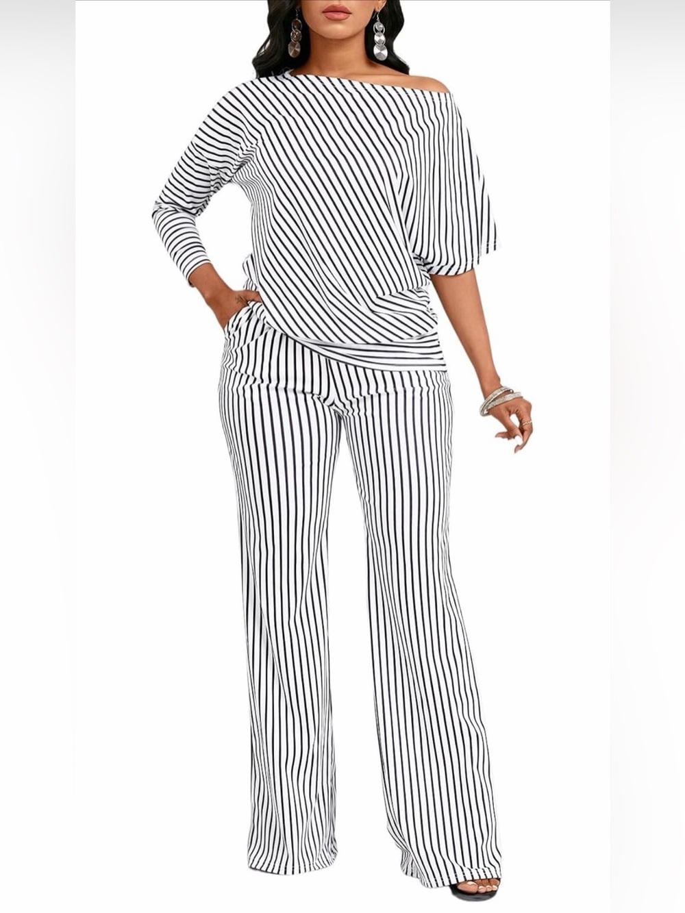 A588 FAIRYLOVE 2pc Black & White longe Stripe Wide-Leg Pants NWT MEDIUM